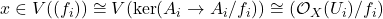 x\in V((f_i))\cong V(\ker(A_i\to A_i/f_i))\cong \Spec(\mathcal{O}_X(U_i)/f_i)